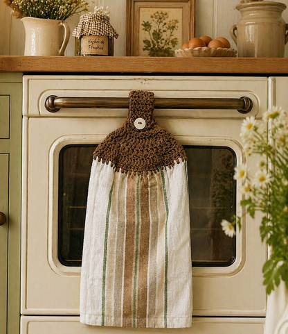 Crochet Top  Brown, Tan & Green Stripes Hanging Dish Towel