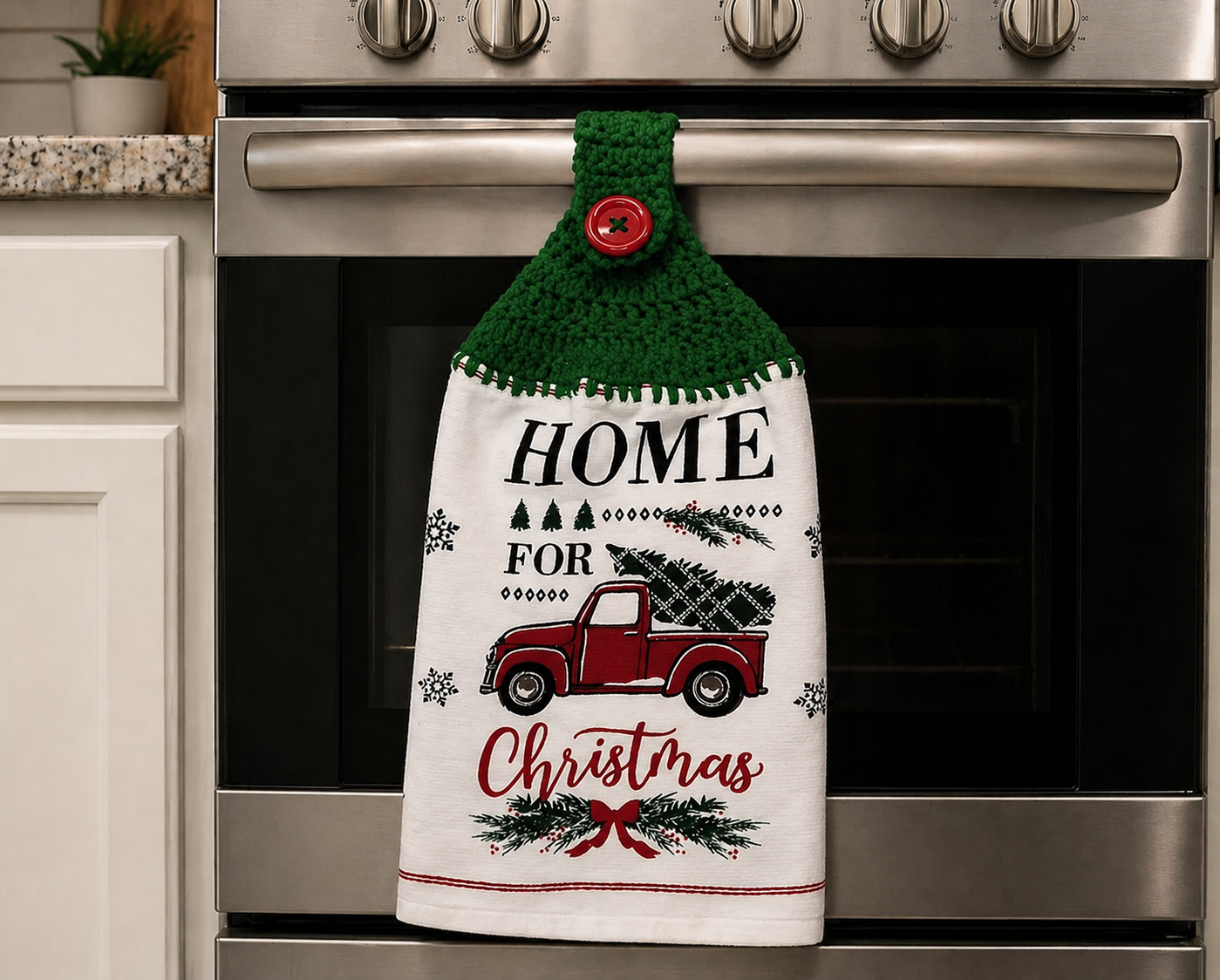 Crochet Top Home For The Holiday Red Truck Christmas Dish Towel