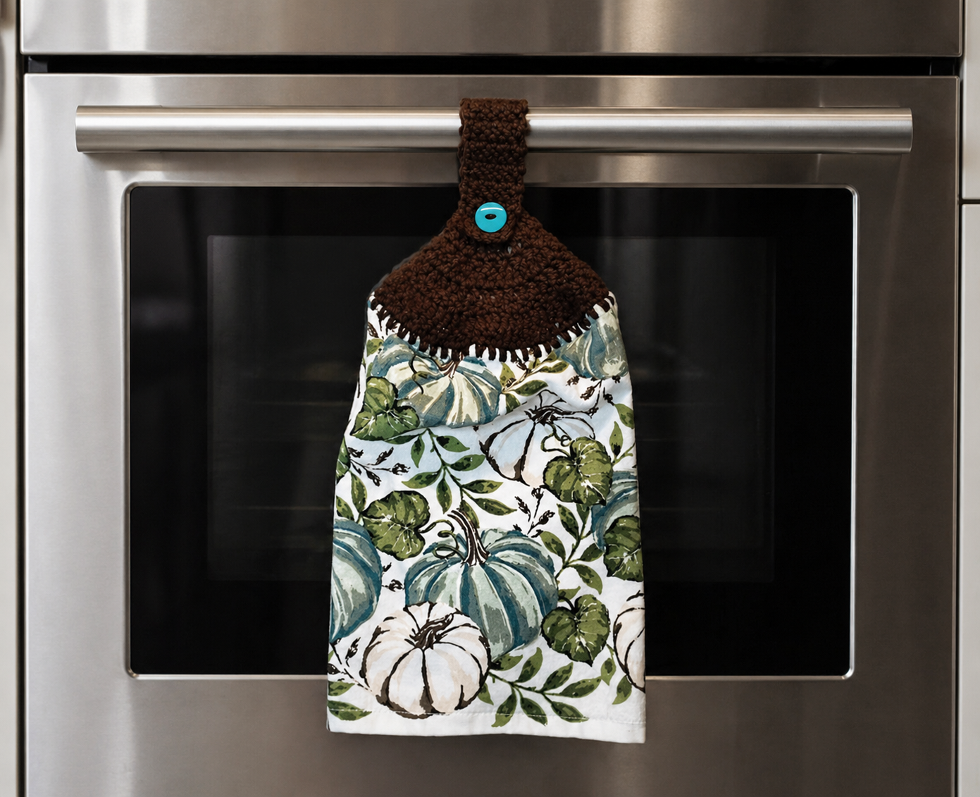 Fall Teal & White Pumpkin Crochet Top Hanging Dish Towel