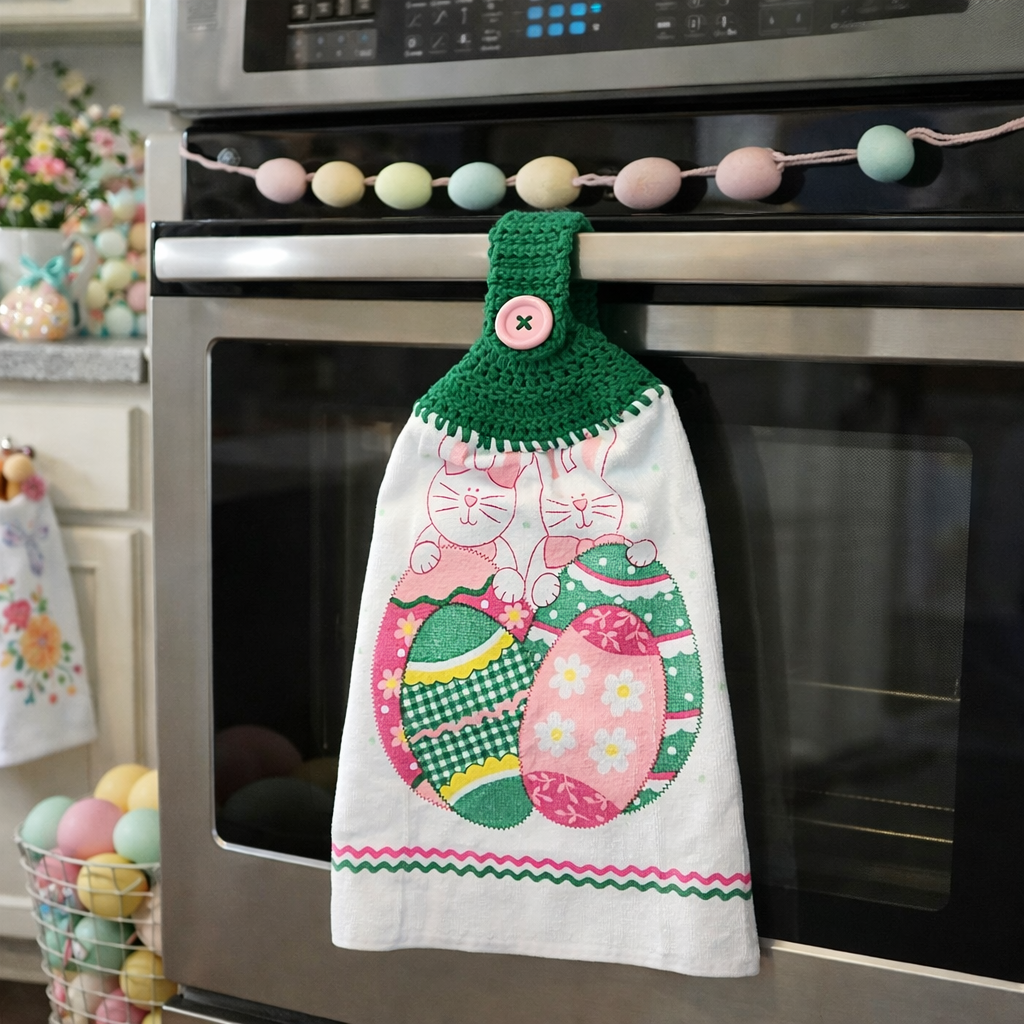 Crochet Top Easter Bunny & Eggs Hanging Dish Towel