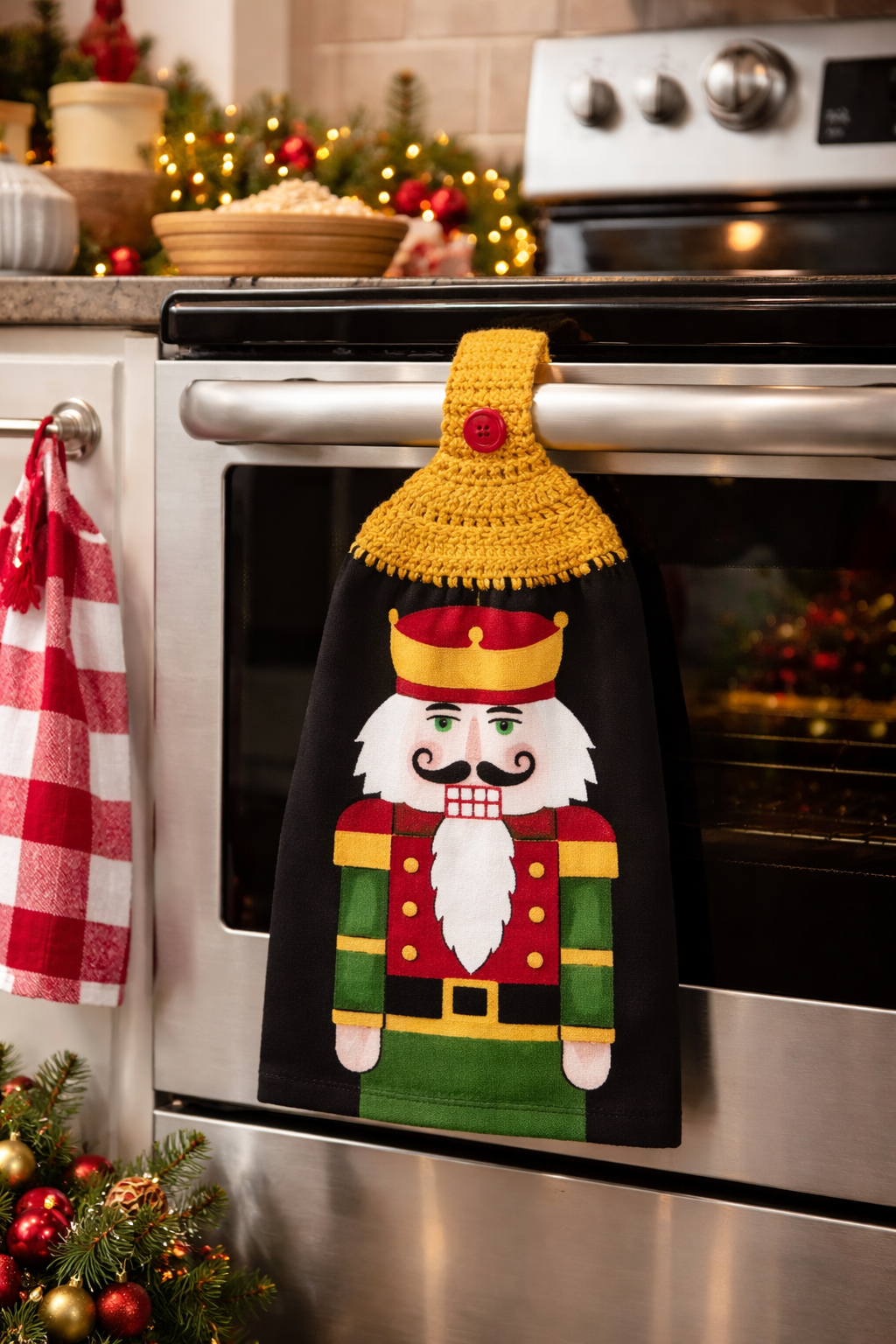 Crochet Top Nutcracker Hanging Dish Towel
