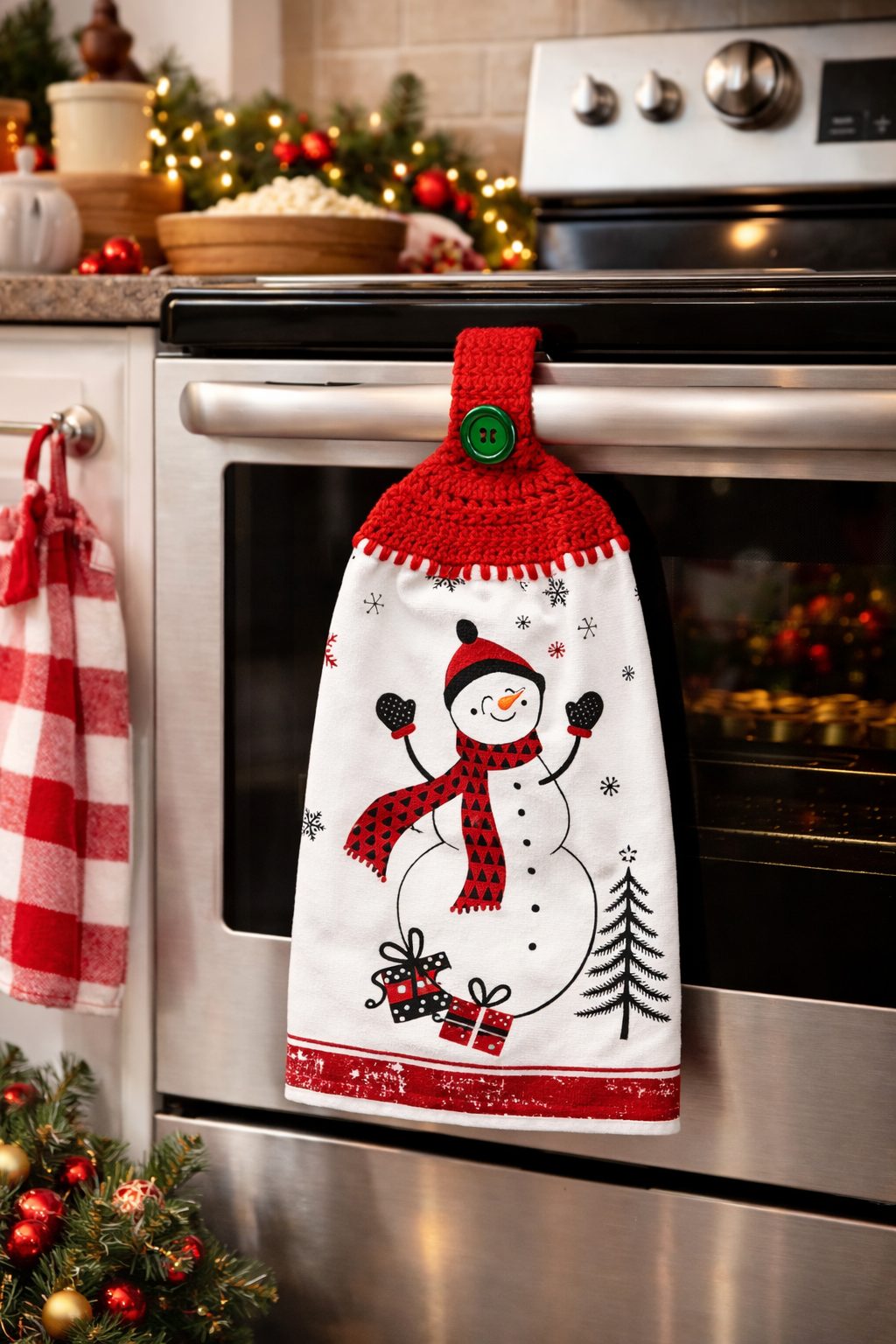 Crochet Top Festive Snowman & Presents Hanging Dish Towel