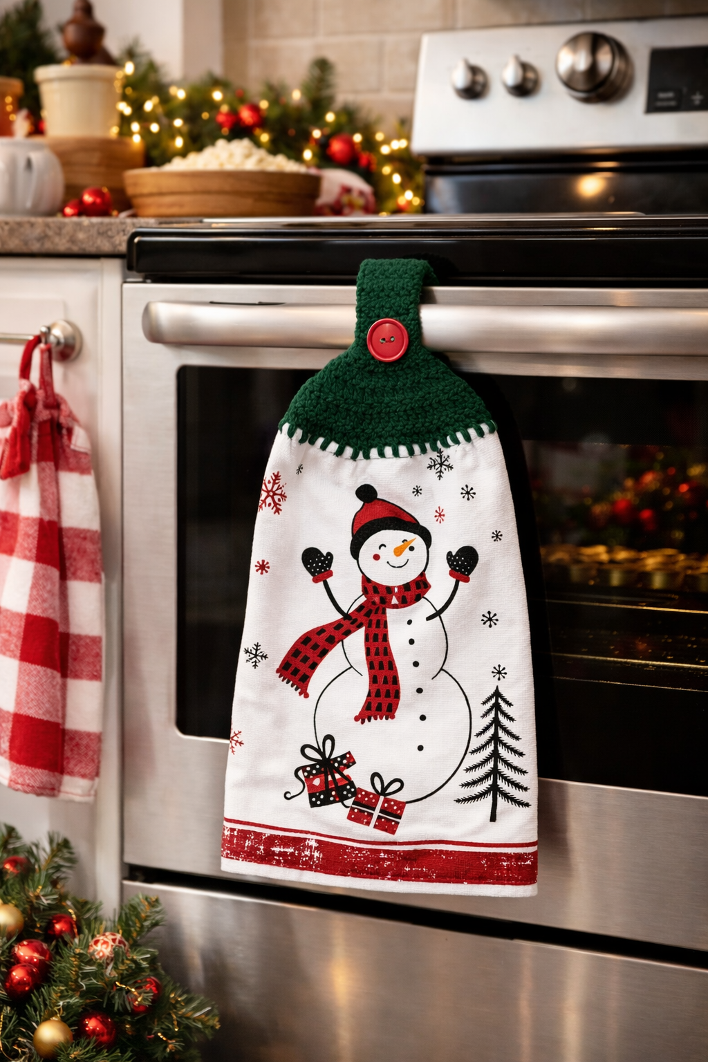 Crochet Top Festive Snowman & Presents Hanging Dish Towel