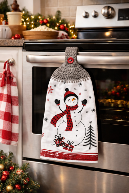 Crochet Top Festive Snowman & Presents Hanging Dish Towel