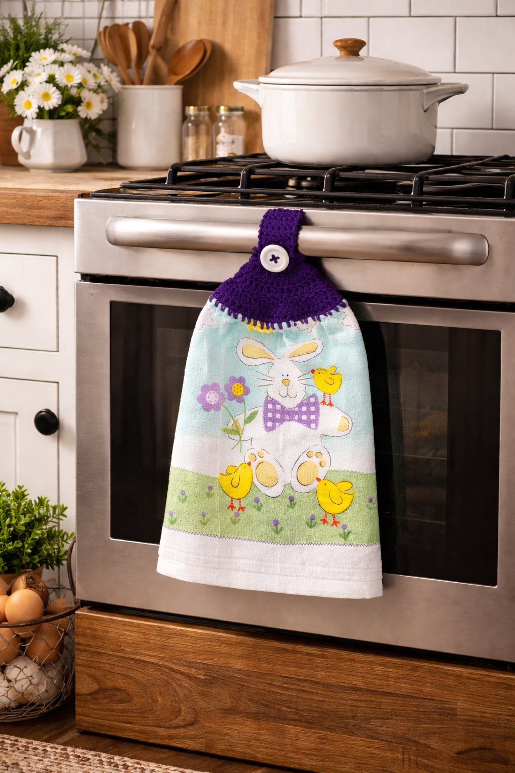Crochet Top Vintage Easter Bunny and Chicks Hanging Dish Towel