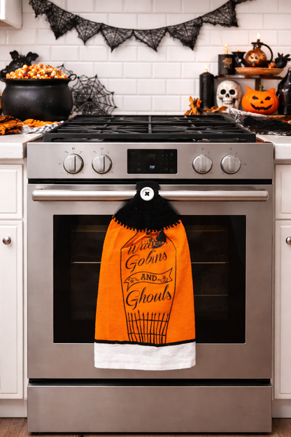 Crochet Top Witches, Goblins and Ghouls Hanging Kitchen Towel