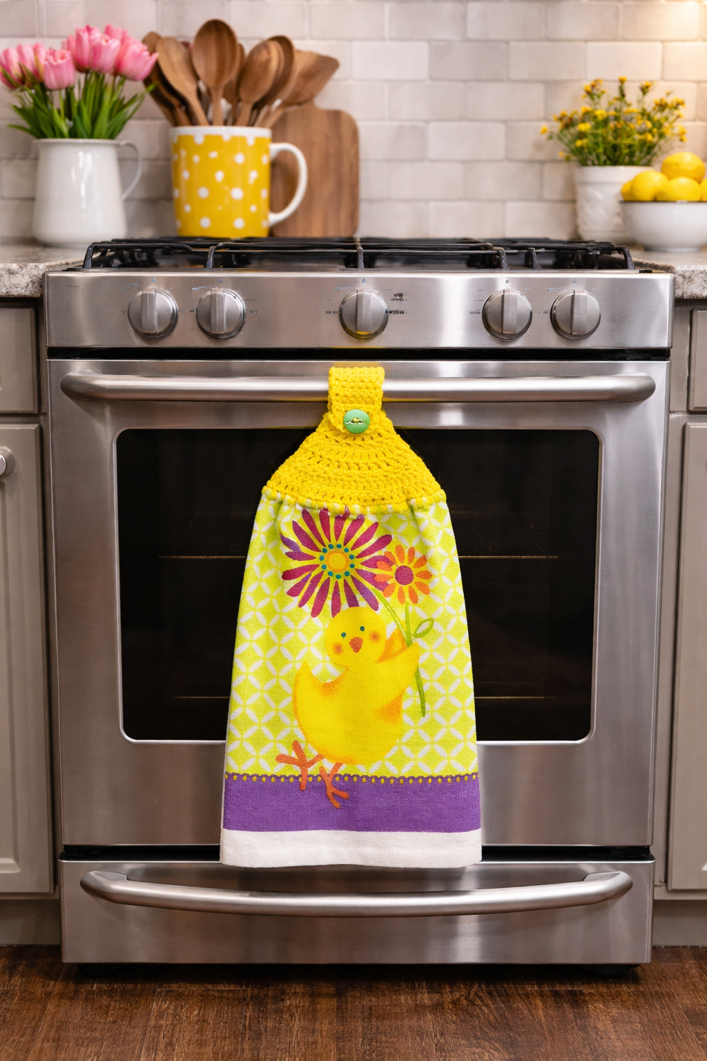 Crochet Top Whimsical Yellow Chicken & Floral Top Hanging Dish Towel