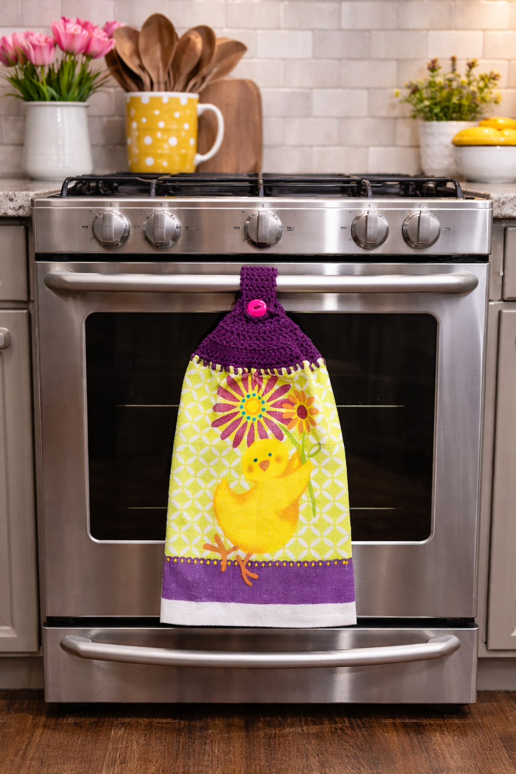 Crochet Top Whimsical Yellow Chicken & Floral Top Hanging Dish Towel