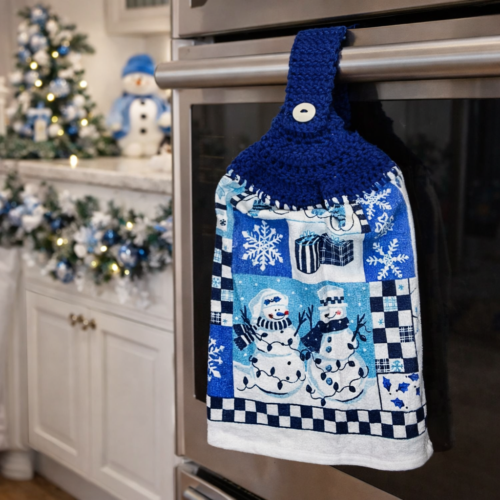 Crochet Top Charming Blue Snowman & Candy Cane Hanging Kitchen Towel