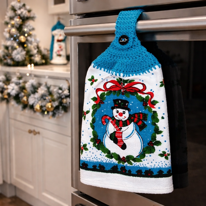 Crochet Top Charming Snowman & Candy Cane Wreath Hanging Dish Towel