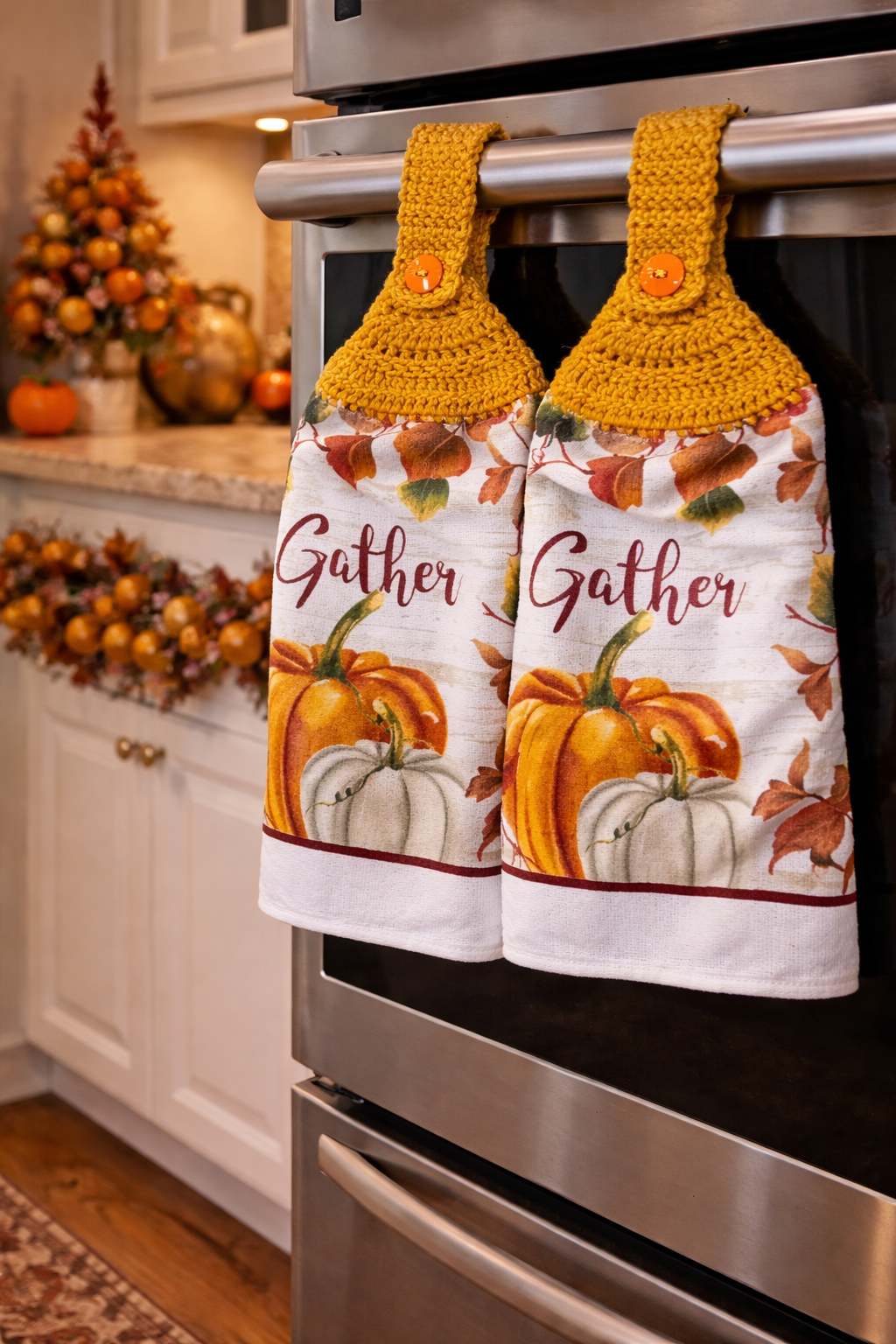 Crochet Top Fall Pumpkins and "Gather"  Hanging Dish Towel Set