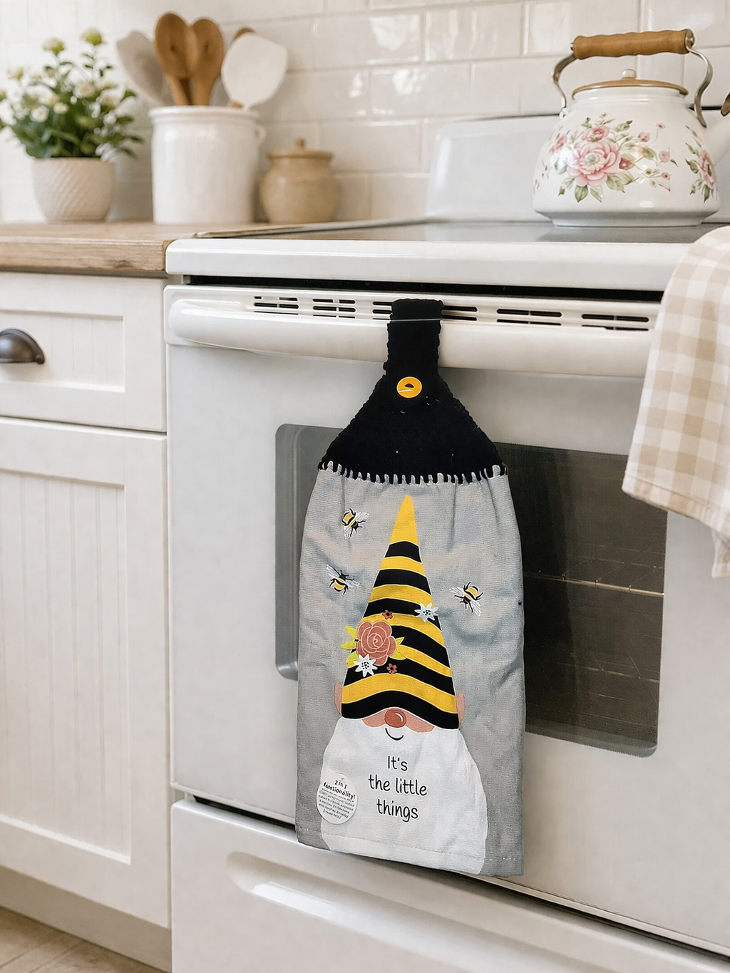 Crochet Top Gnome & Bees Hanging Dish Towel