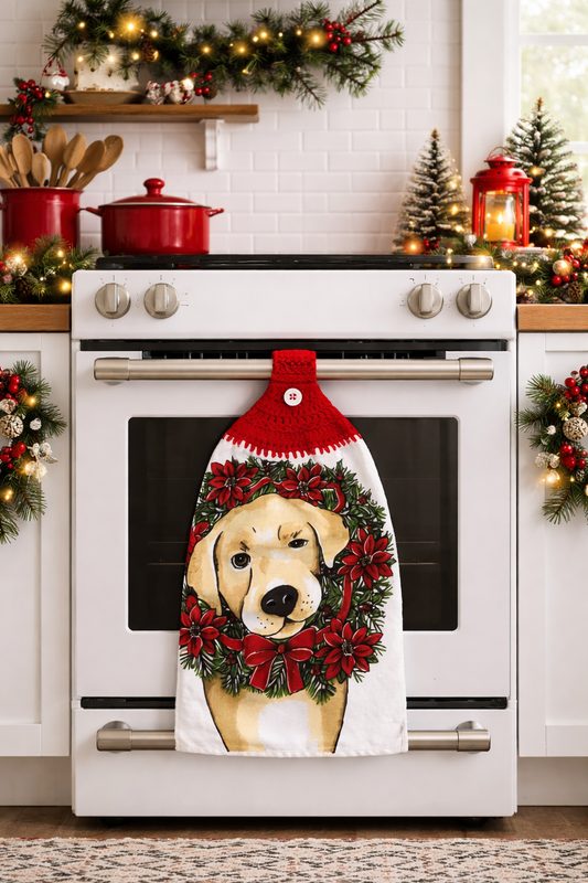 Crochet Top Golden Retriever Christmas Wreath Hanging Dish Towel