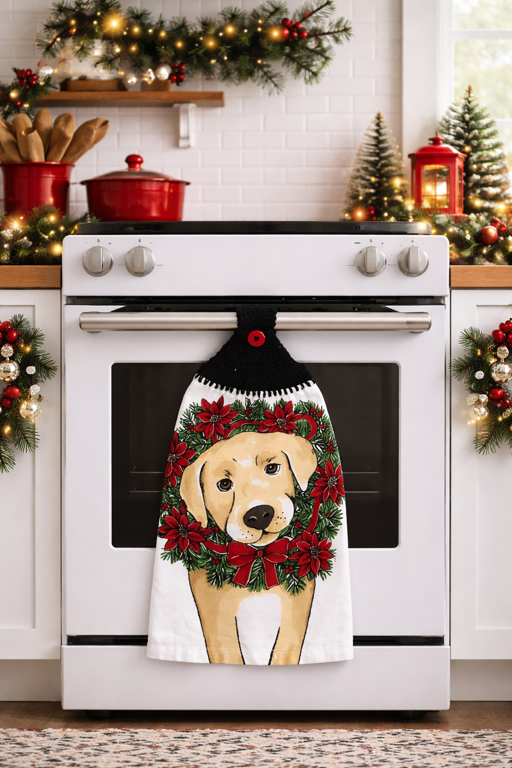 Crochet Top Golden Retriever Christmas Wreath Hanging Dish Towel