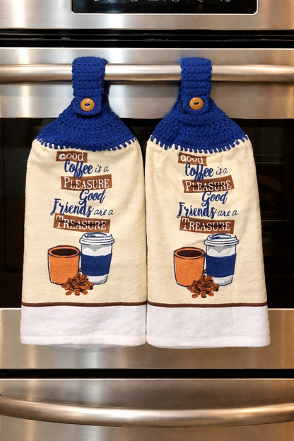 Good Coffee, Good Friends Crochet Top Hanging Dish Towel Set Includes 2 Pot Holders & Oven Mitt - Kitchen Decor and Gift Idea