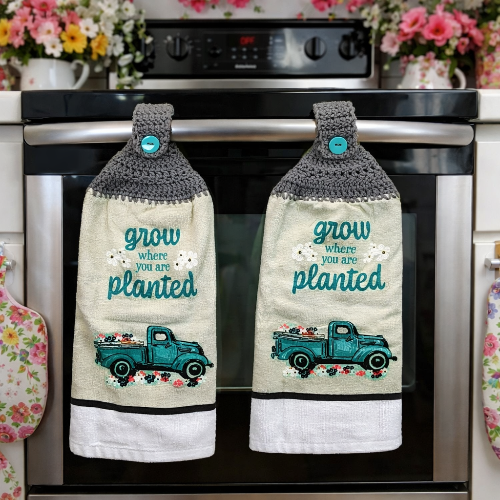 Crochet Top Grow Where You're Planted Teal Truck Hanging Dish Towel with Matching Potholders & Oven Mitt