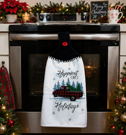 Crochet Top Happiest Holidays Red Truck Hanging Dish Towel