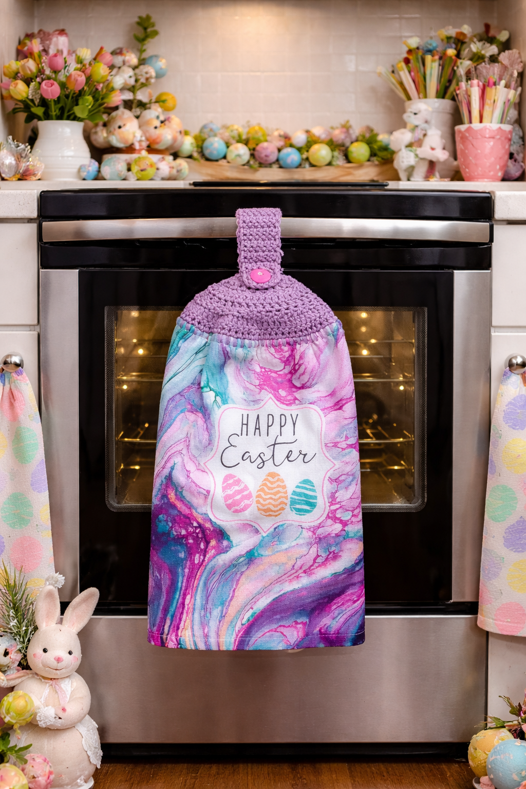 Crochet Top Pastel Marbled Happy Easter Hanging Hand Towel