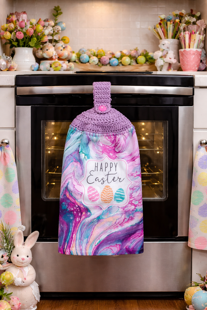 Crochet Top Pastel Marbled Happy Easter Hanging Hand Towel