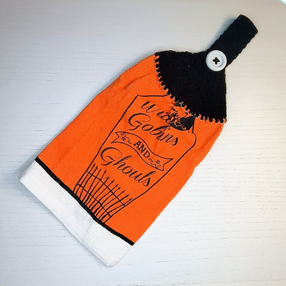 Crochet Top Witches, Goblins and Ghouls Hanging Kitchen Towel