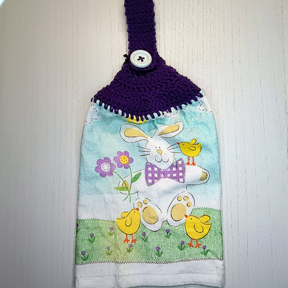 Crochet Top Vintage Easter Bunny and Chicks Hanging Dish Towel