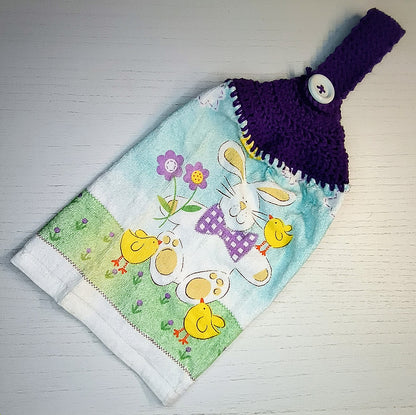 Crochet Top Vintage Easter Bunny and Chicks Hanging Dish Towel