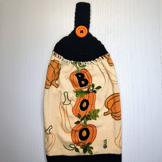 Crochet Top BOO Pumpkin Hanging Dish Towel