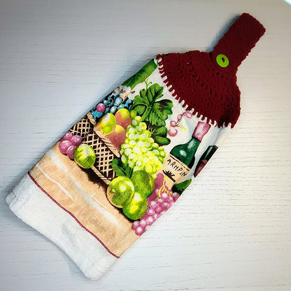 Crochet Top Wine Bottle & Grapes Hanging Kitchen Towel