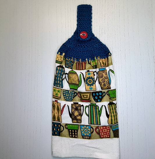 Crochet Top Coffee Pot Print Hanging Kitchen Towel
