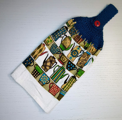 Crochet Top Coffee Pot Print Hanging Kitchen Towel