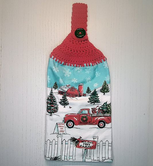 Crochet Top Christmas Red Truck & Tree Farm Hanging Kitchen Towel