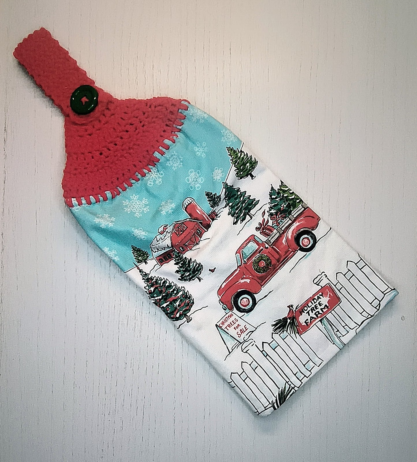 Crochet Top Christmas Red Truck & Tree Farm Hanging Kitchen Towel