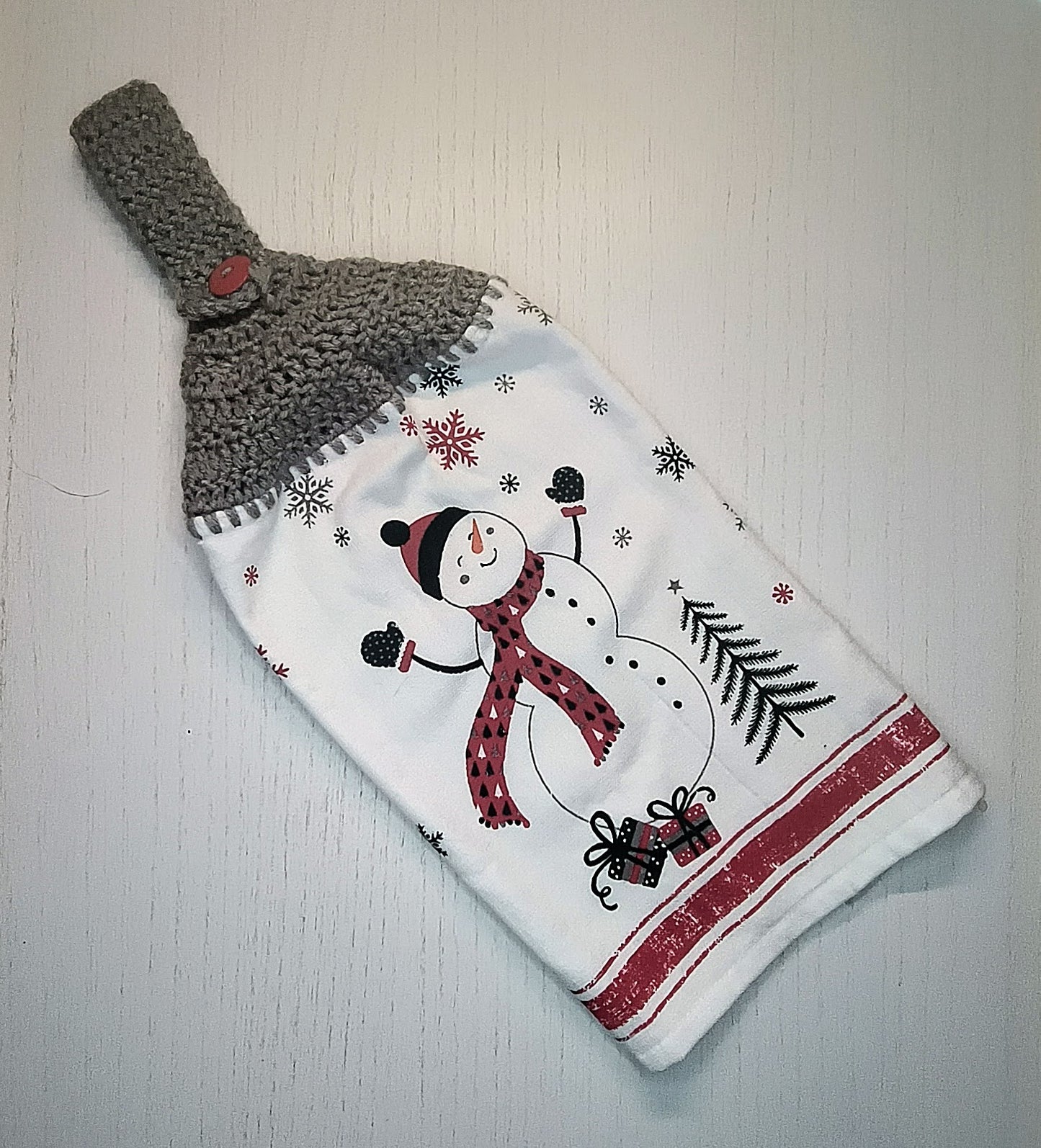 Crochet Top Festive Snowman & Presents Hanging Dish Towel