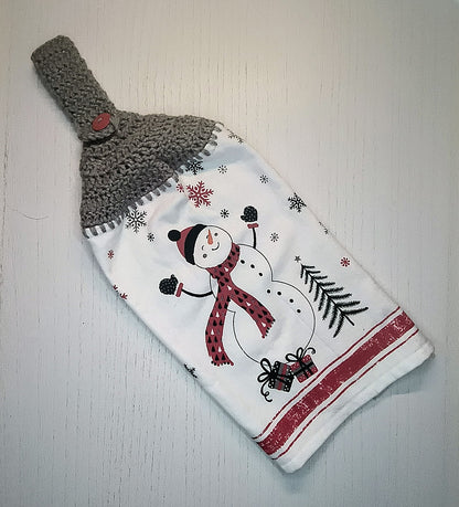 Crochet Top Festive Snowman & Presents Hanging Dish Towel