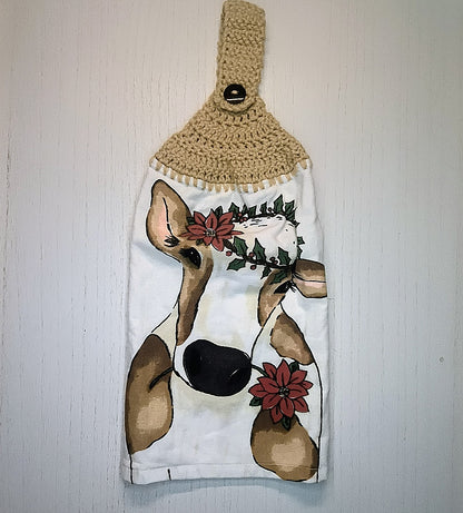 Crochet Top Festive Cow Poinsettia Crown Hanging Dish Towel