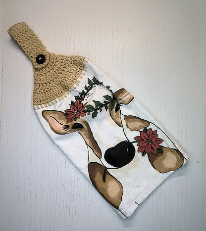 Crochet Top Festive Cow Poinsettia Crown Hanging Dish Towel