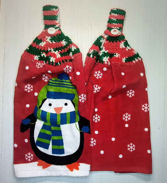 Crochet Top Penguin & Snow Flake Hanging Kitchen Towel Set