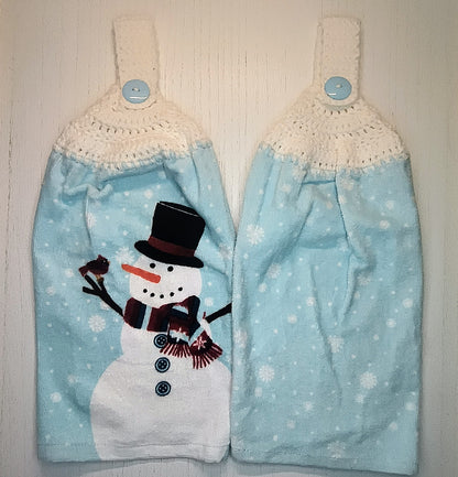 Crochet Top Snowman Snowflake Hanging Kitchen Towel Set