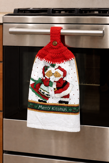 Crochet Top Festive "Merry Kissmas" Mr. & Mrs. Claus Bear Hanging Dish Towel