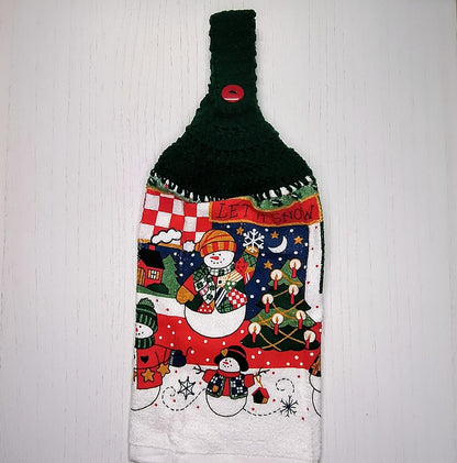 Let It Snow Vintage Christmas Snowman & Trees Crochet Top Hanging Dish Towel