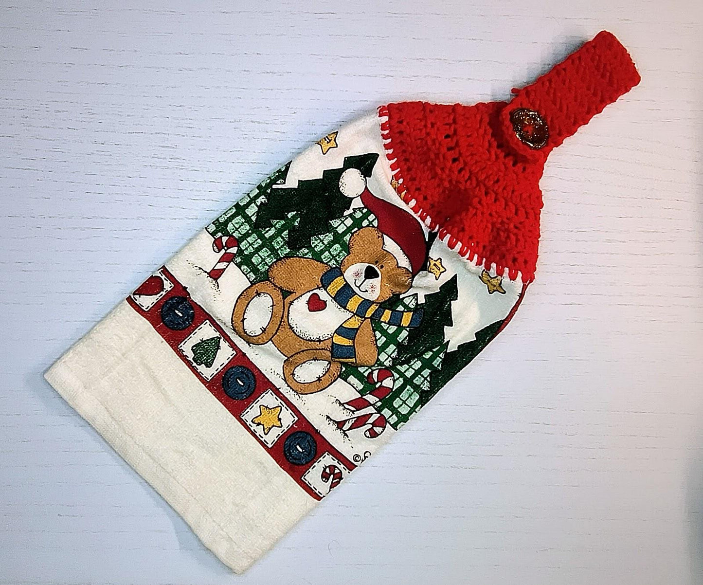 Handmade Half Crochet Dish Towel - Primitive Bear & Trees Patchwork, Vintage Inspired Kitchen Towel
