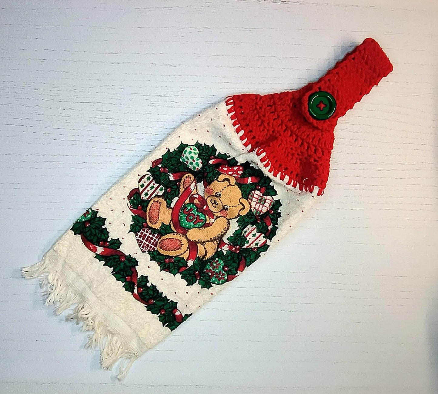 Crochet Top Vintage Christmas Teddy Bear Joy Hanging Dish Towel
