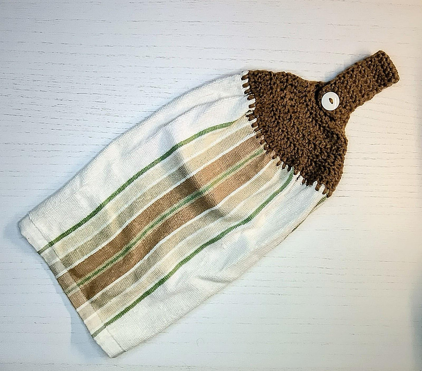 Crochet Top  Brown, Tan & Green Stripes Hanging Dish Towel