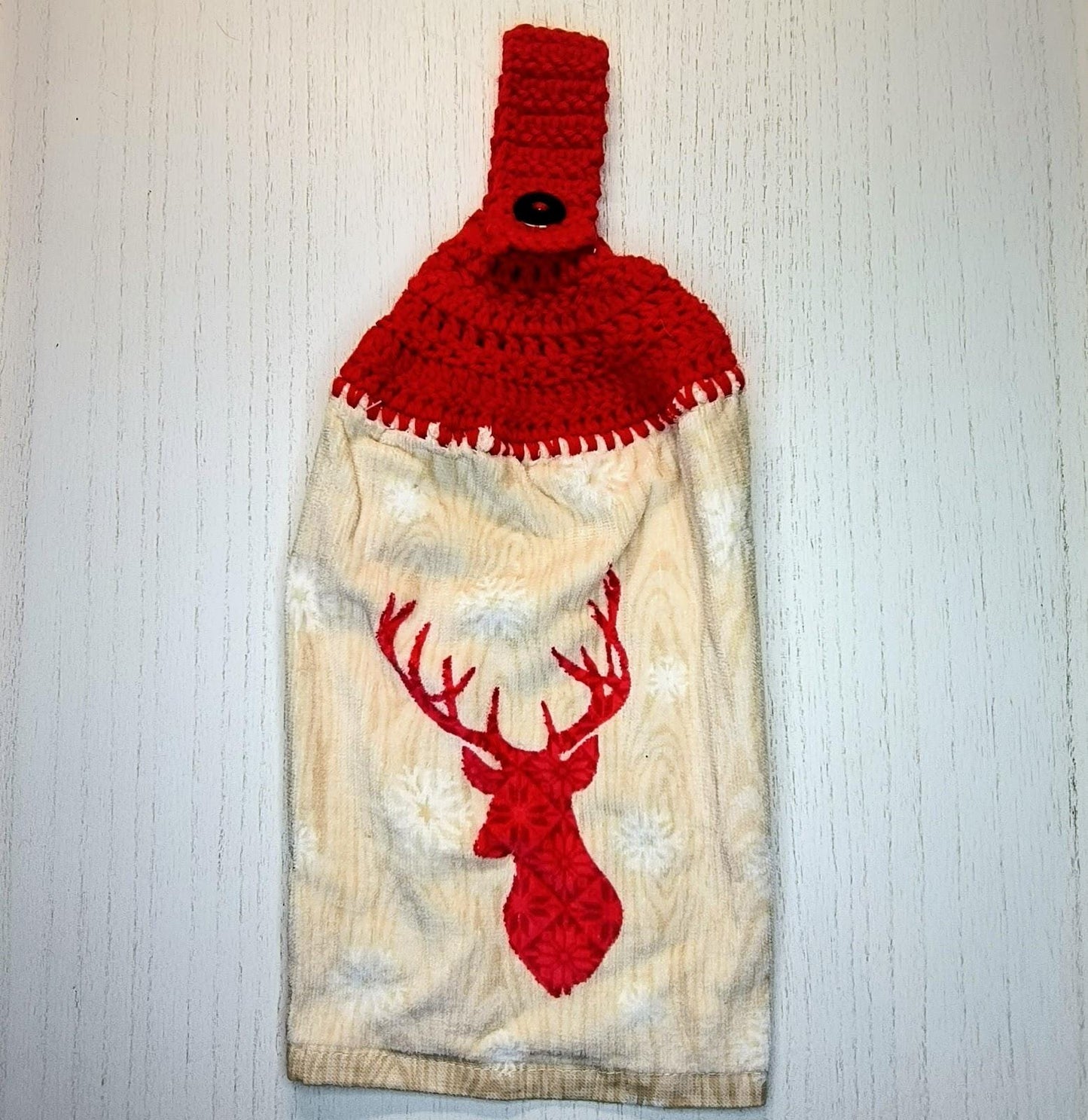 Red Reindeer Head Crochet Hanging Dish Towel - 100% Cotton Kitchen Towel - Cabin Decor - Housewarming Gift