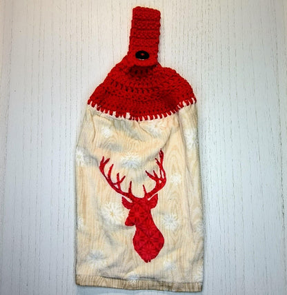 Red Reindeer Head Crochet Hanging Dish Towel - 100% Cotton Kitchen Towel - Cabin Decor - Housewarming Gift