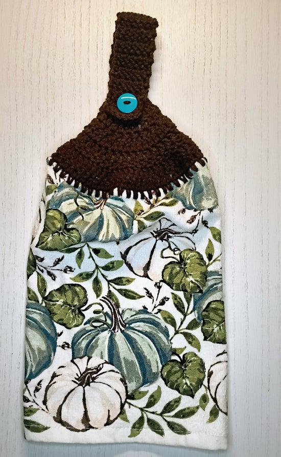 Fall Teal & White Pumpkin Crochet Top Hanging Dish Towel