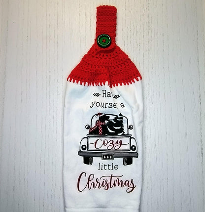 Cozy Christmas Truck Dog Tree Hanging Dish Towel | Crocheted Top Kitchen Towel | Holiday Home Decor Gift