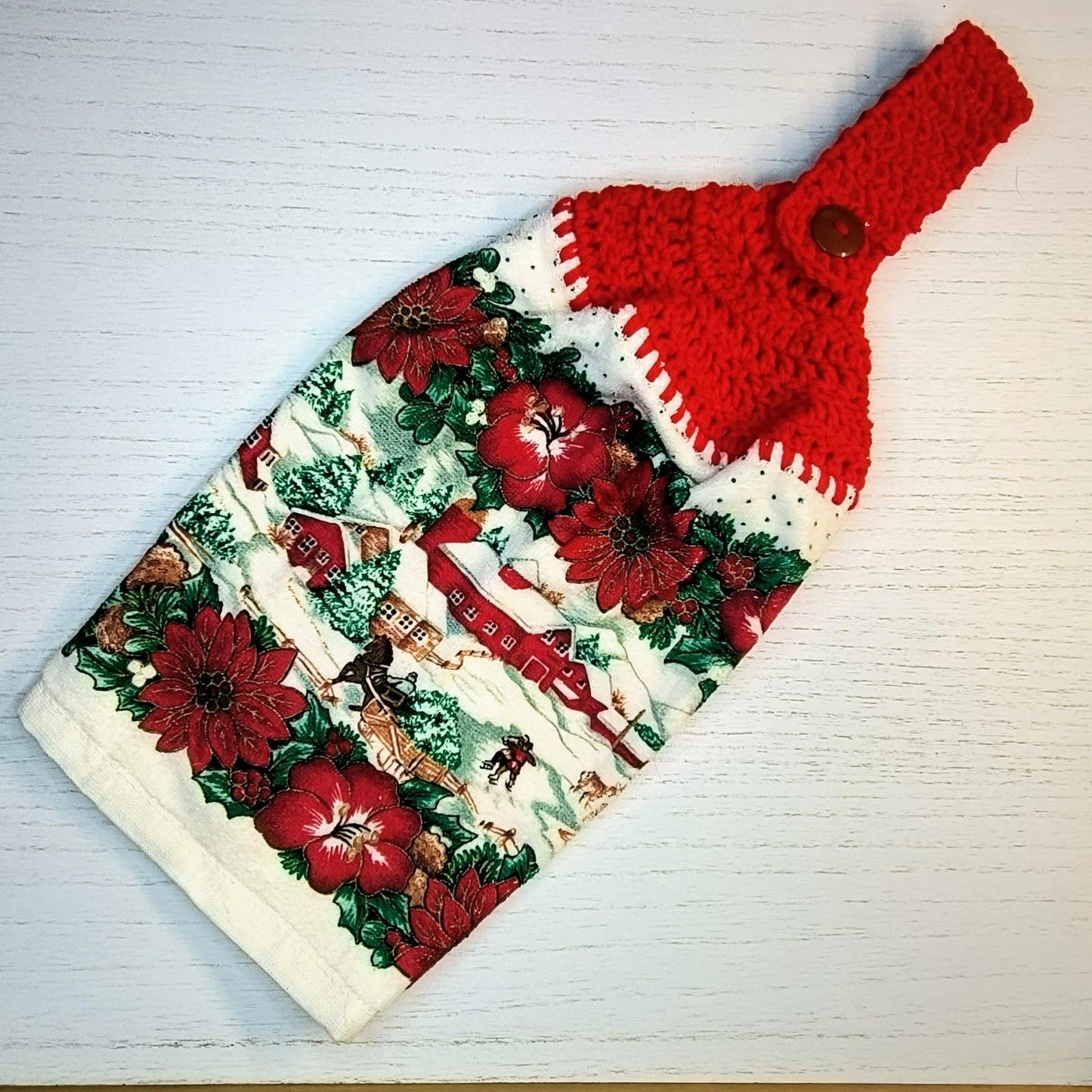 Crochet Top Christmas Farmhouse Hanging Dishtowel