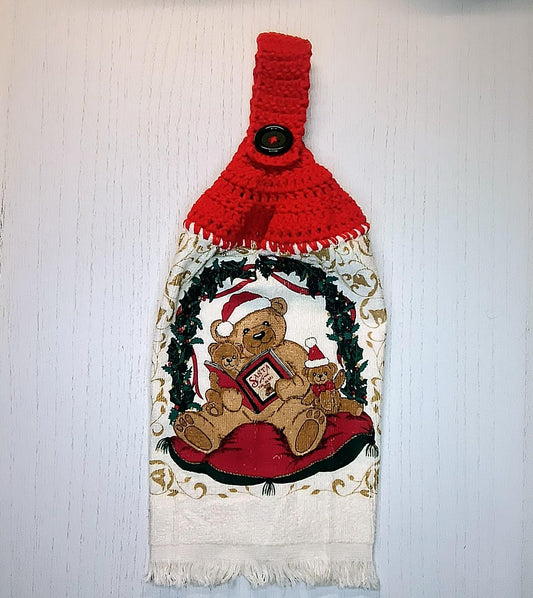 Crochet Top Vintage Bear & Cubs Christmas Hanging Dish Towel