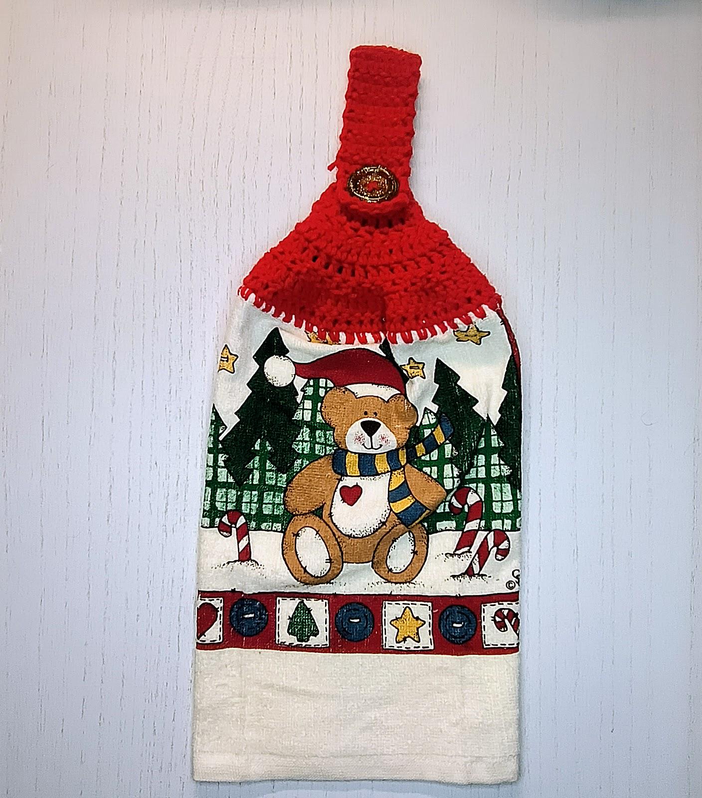 Handmade Half Crochet Dish Towel - Primitive Bear & Trees Patchwork, Vintage Inspired Kitchen Towel